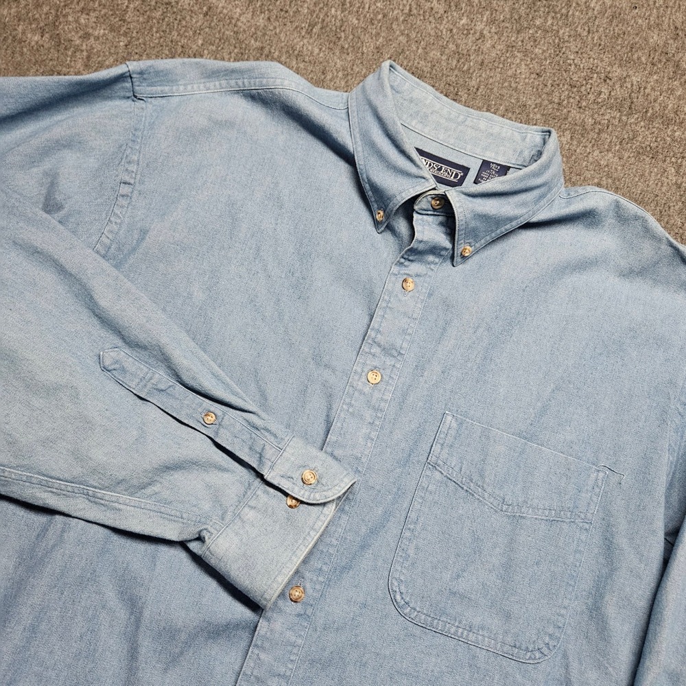 Lands' End Denim Shirt Mens XL Tall Light Blue Vintage 90s Made in USA Cotton